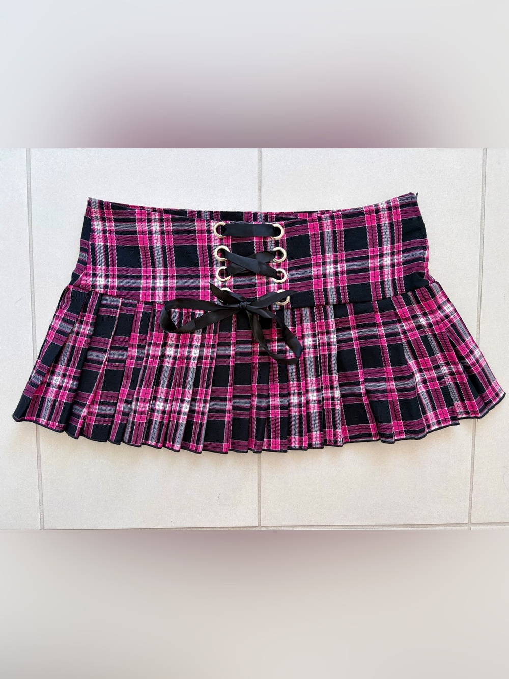 Folter Pink Black Plaid Pleated Micro Skirt – Punk Y2K Lace-Up Mini | XL